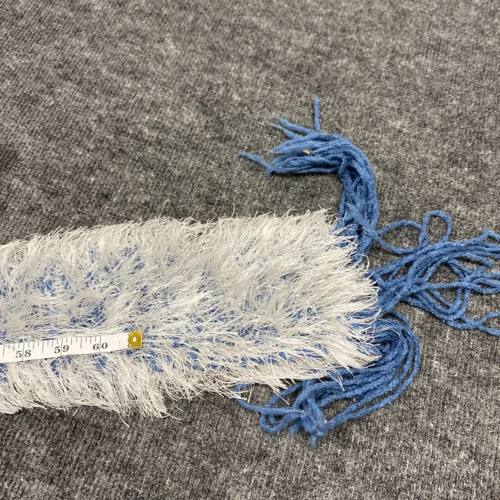 Handmade Blue White Fuzzy Eyelash Knit Skinny Scarf Shaggy Tassel Fringe